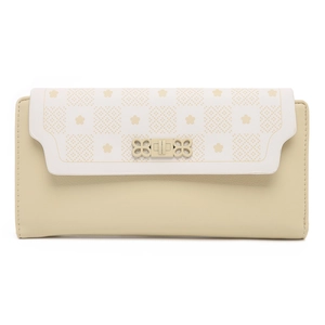 Detail of flower pattern and hollow metal buckle on women's cream leather long wallet