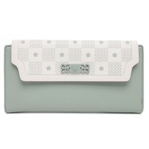 Close-up of Morandi green floral flap wallet with checkered pattern and buckle detail