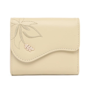 Short PU leather trifold wallet for women with leaf embroidery and metal buckle detail
