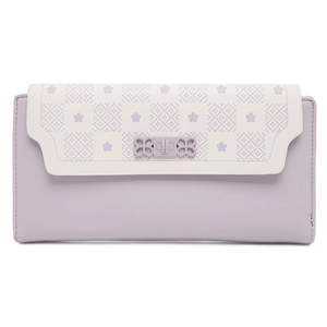 Close-up of lilac floral pattern flap and decorative hollow flower buckle on women's long wallet