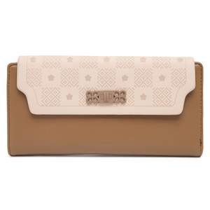 Detail view of long PU wallet featuring floral print flap and decorative bow buckle clasp
