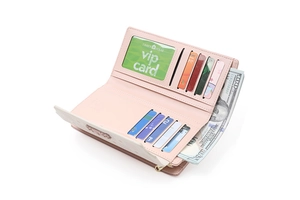 Detailed interior of pink PU leather long wallet showing multi-card slots and photo window
