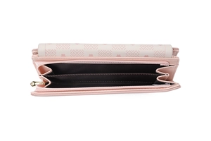 Detailed view of pink long wallet interior with multi-card slots and smooth zipper