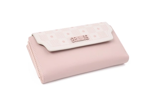 Detail of pink PU leather long wallet with floral cutout pattern and decorative buckle