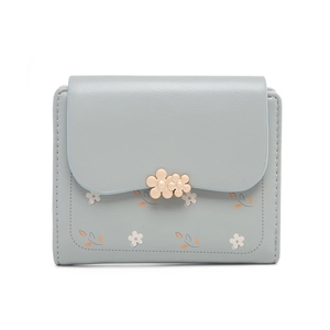 Close-up of a blue PU leather wallet featuring a gold floral buckle and floral patterns