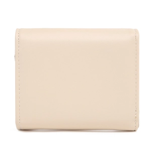 Detail showing neat stitching and fine leather texture of the beige trifold wallet