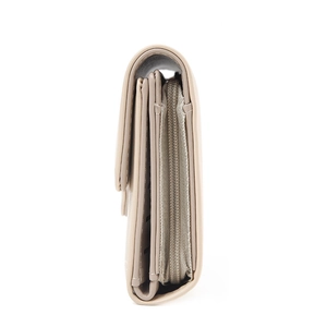 Side view of beige PU leather wallet showing multi-layered gusseted compartments and zip pocket