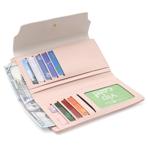 Pink PU leather long trifold wallet for women with star buckle and multiple card slots
