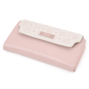 Detailed side view of pink faux leather floral wallet showing layers and zipper texture