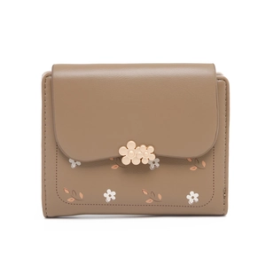Detail of khaki PU leather short wallet with 3D gold flower buckle and floral prints