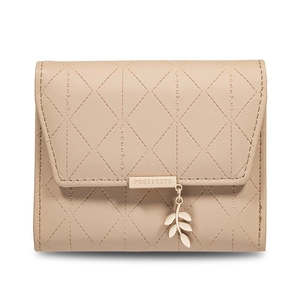 Beige quilted faux leather trifold wallet with gold leaf pendant and metal accent