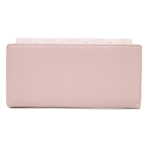 Close-up of soft pink PU leather long wallet with heart pattern and precise stitching detail