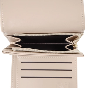 Minimalist beige PU leather tri-fold short wallet for women with zipper coin pockets