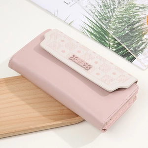 Women Long Wallet PU Leather Embossed Floral Checkered Pattern Multi Card Slot Flip Flower Buckle Clutch Korean Style
