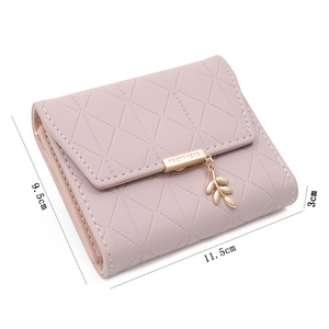 Pale purple quilted faux leather short wallet with leaf pendant for women