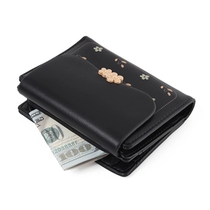Women Short Wallet PU Leather Floral Print Flower Buckle Trifold Zip Coin Pocket Sweet Elegant Ladies Purse