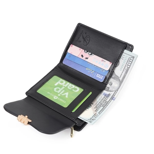 Internal view of the black PU leather wallet showing card slots and zipper compartment