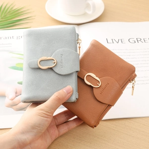 Women Short Wallet Litchi Grain PU Leather Bifold Card Holder With Metal Buckle And Zipper Coin Pocket