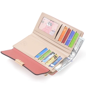 Portefeuille long pour femme en cuir beige et rose avec fentes pour cartes et poche zippée