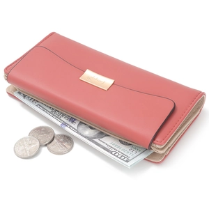 Portefeuille long en cuir rose corail pour femme avec poche zippée et plaque logo en métal