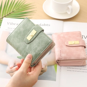 Women Short Wallet PU Leather Cracked Texture Bifold Card Holder Coin Purse Metal Buckle Retro Style Student Small Purse