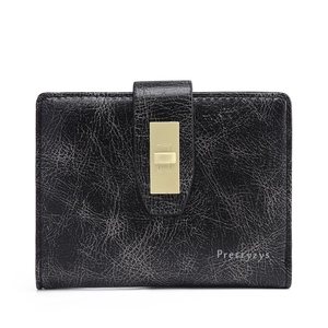 Detailed view of a black bifold PU leather wallet featuring a gold rectangular twist-lock