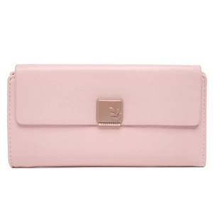 Close-up of light pink long wallet featuring leaf-patterned buckle and golden metal bar