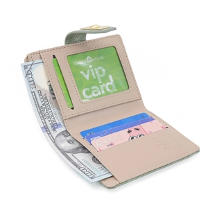 Short bi-fold fruit green PU leather wallet with multiple card slots and gold snap closure