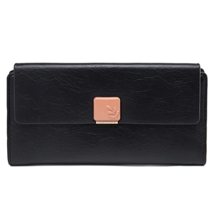 Detailed view of the black textured PU leather wallet featuring a decorative leaf relief clasp
