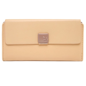 Close-up of beige PU leather long wallet featuring a decorative leaf emblem and metal trim