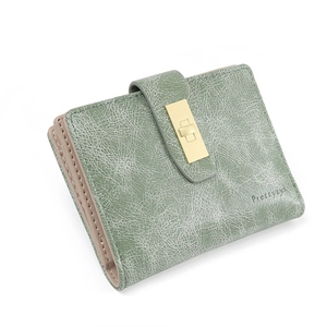 Short PU leather wallet for women in bean green with vintage texture and gold buckle