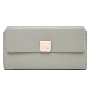 Close-up of bean green long wallet featuring an ivory square clasp with leaf relief pattern