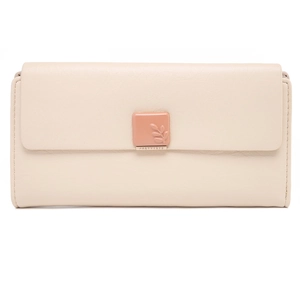 Close-up of beige leather wallet with pink decorative clasp and leaf embossing detail