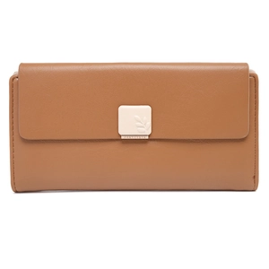 Brown long PU leather wallet for women with leaf engraved buckle and pebble texture