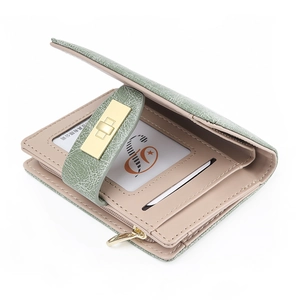Detail view of grass green PU leather wallet showing inner card slots and id window