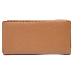 Macro view of long brown leather wallet showing fine stitching and natural texture