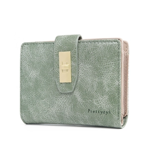 Detail view of the bean green PU leather short wallet with vintage stone texture and gold buckle