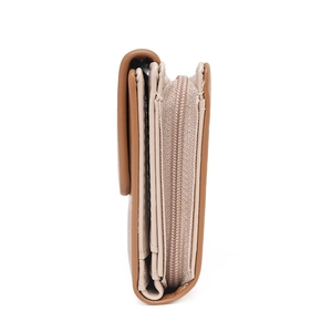 Side view of long bifold wallet showing dual-tone leather layers and metal zipper detail