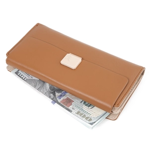 Brown vintage long PU leather wallet for women with large capacity and leaf decor