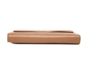 Side view of textured brown PU leather long wallet showing thickness and metal lock