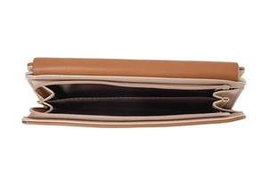 Internal view of brown PU leather long wallet showing accordion compartments and zipper pocket