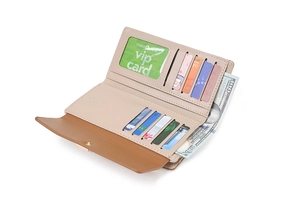 Detail of the tri-fold long wallet interior with multiple card slots and large bill pocket