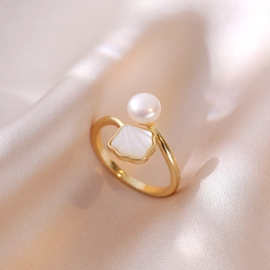 18K gold adjustable open ring with white pearl and shell detail on champagne satin
