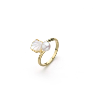 Gold open ring featuring a white pearl and shell detail with mother of pearl inlay