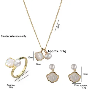 Detailed set of fan-shaped shell jewelry with pearls, featuring necklace, ring and earrings