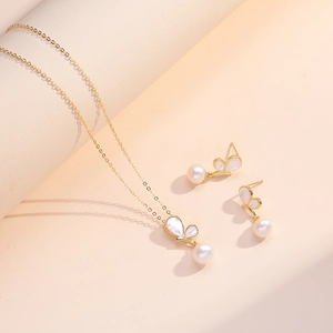 Collana Con Pendente A Farfalla E Orecchini Acciaio Al Titanio Perla D'Acqua Dolce Conchiglia Gioielli Di Moda Per Donna Vintage