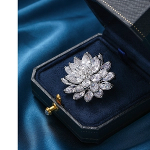 Luxurious silver three-layer lotus flower brooch with sparkling marquise zircon crystals