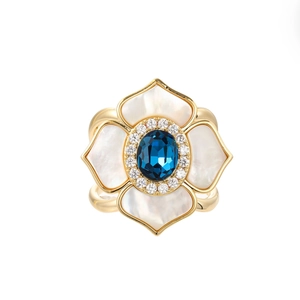 Floral silk scarf buckle with blue sapphire-like stone and white shell flower petals