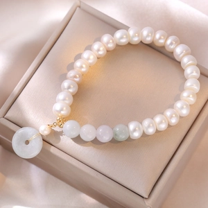 Freshwater Pearl Bracelet With Jade Ping An Kou Pendant Titanium Steel Retro Baroque Style For Women Elegant Jewelry