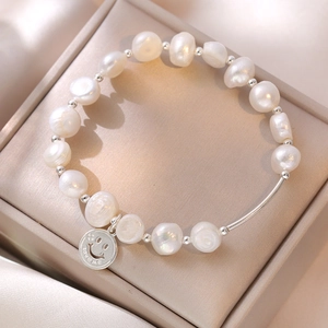 Baroque Freshwater Pearl Bracelet With 925 Sterling Silver Smiley Face Charm Irregular Natural Beaded Jewelry For Women